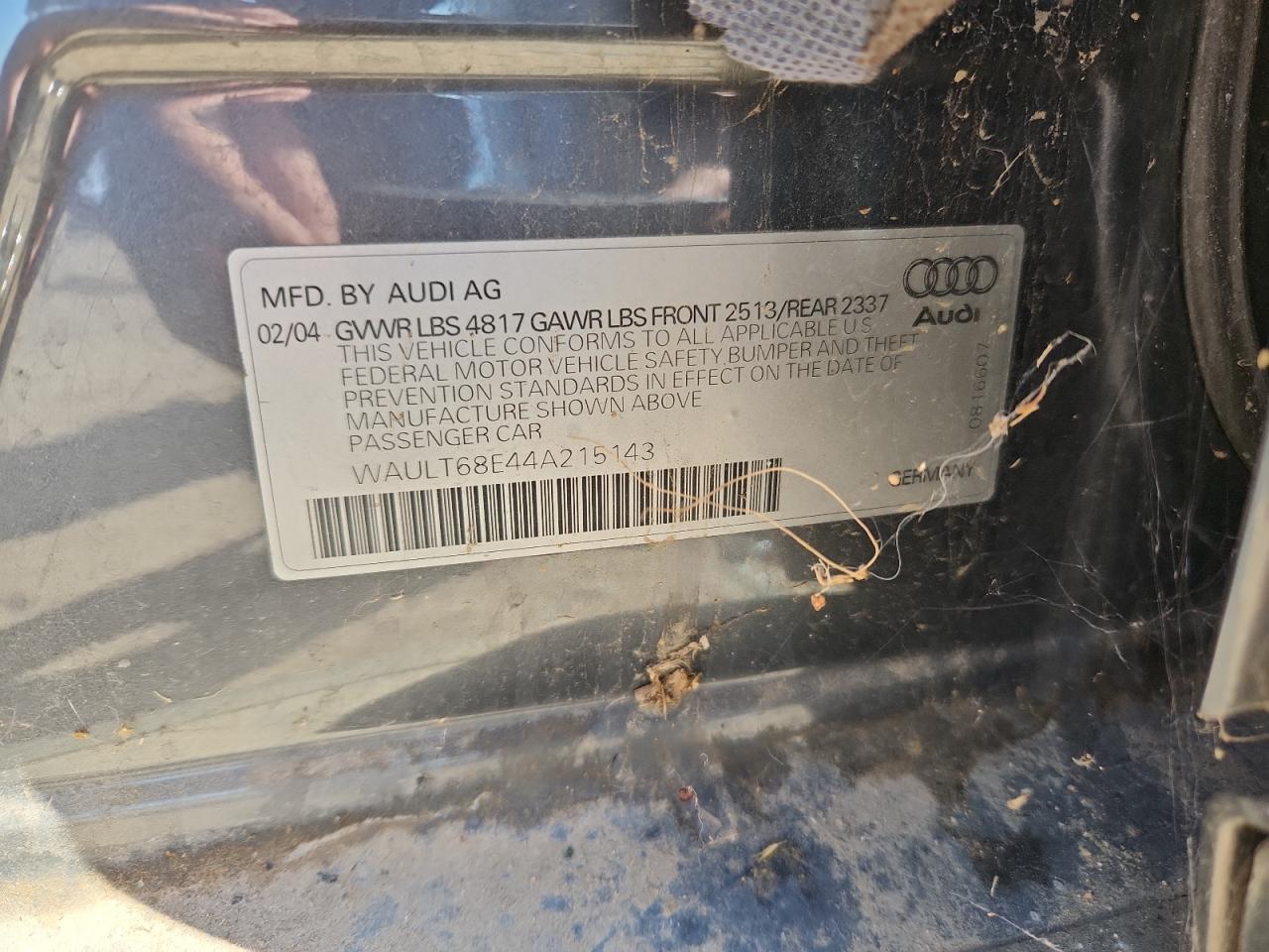 2004 Audi A4 3.0 Quattro VIN: WAULT68E44A215143 Lot: 80504815