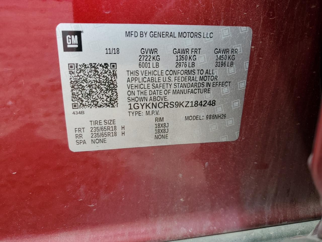 2019 Cadillac Xt5 Luxury VIN: 1GYKNCRS9KZ184248 Lot: 80196915