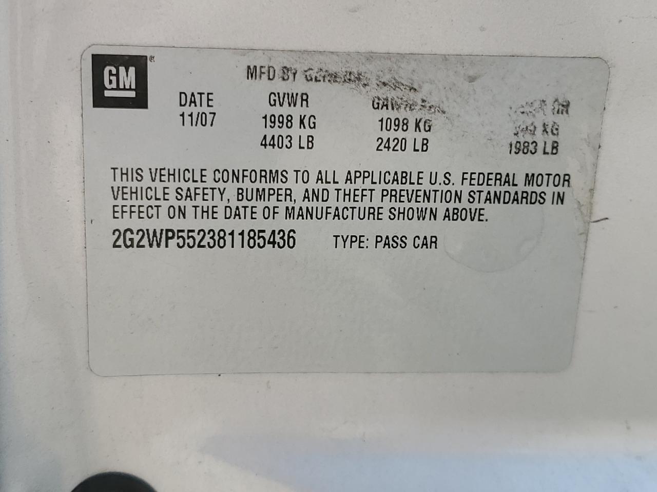 2008 Pontiac Grand Prix VIN: 2G2WP552081146559 Lot: 70805435
