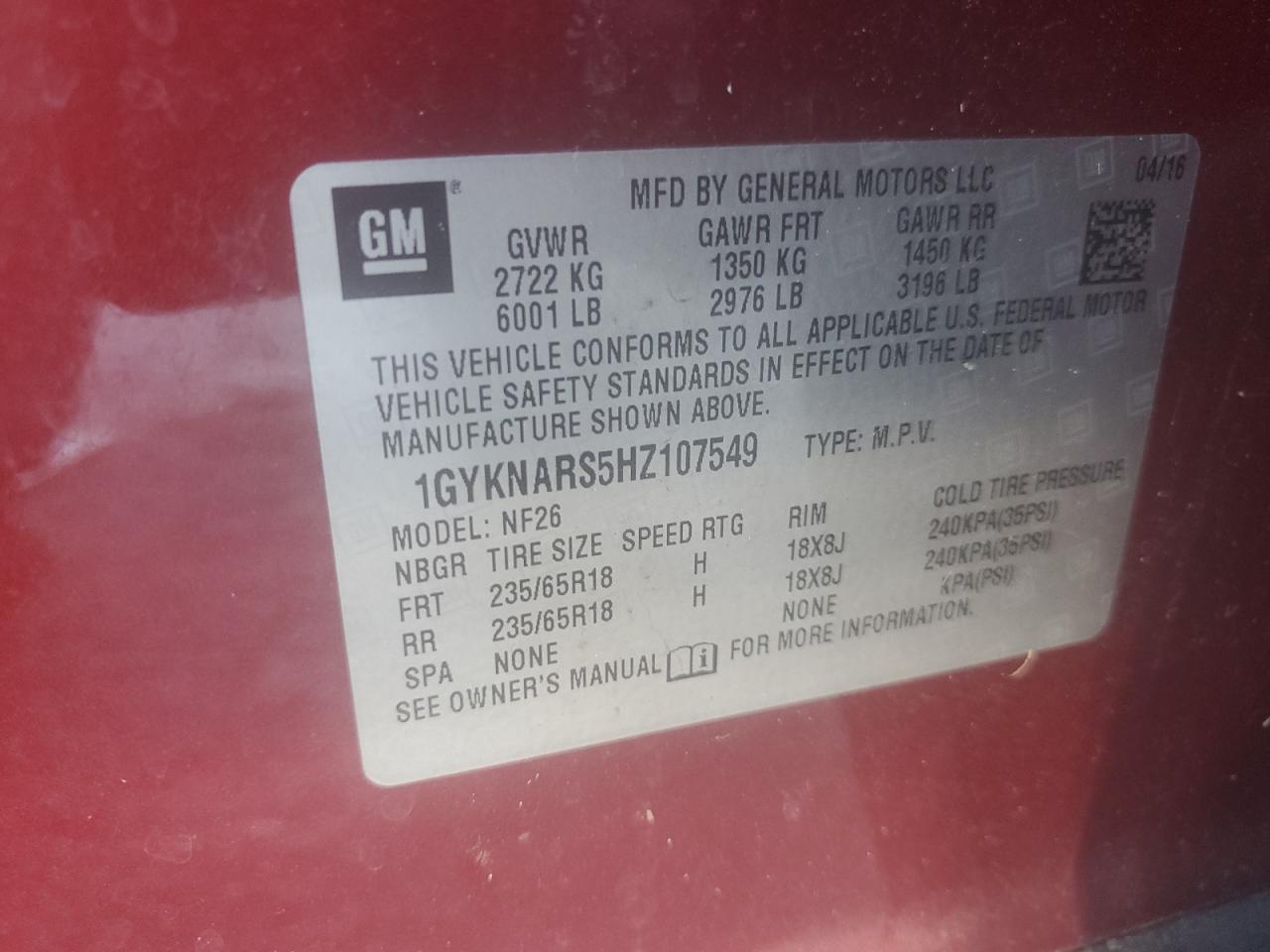 2017 Cadillac Xt5 VIN: 1GYKNARS5HZ107549 Lot: 87119915