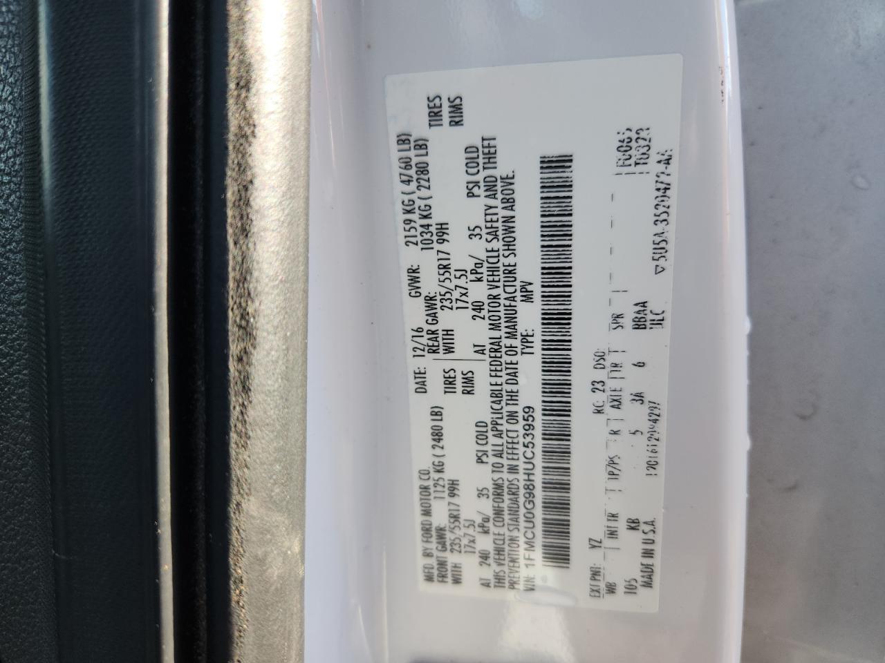 2017 Ford Escape Se VIN: 1FMCU0G98HUC53959 Lot: 84380305