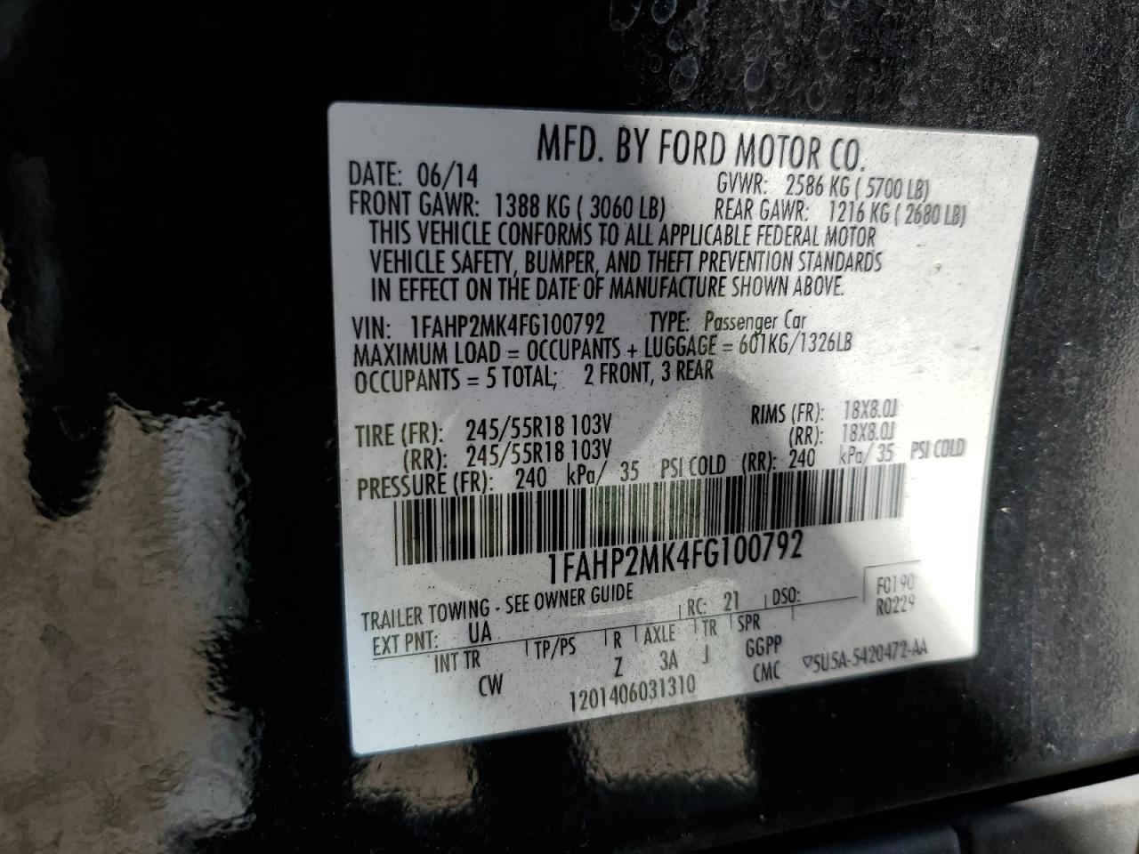 2015 Ford Taurus Police Interceptor VIN: 1FAHP2MK4FG100792 Lot: 83941255