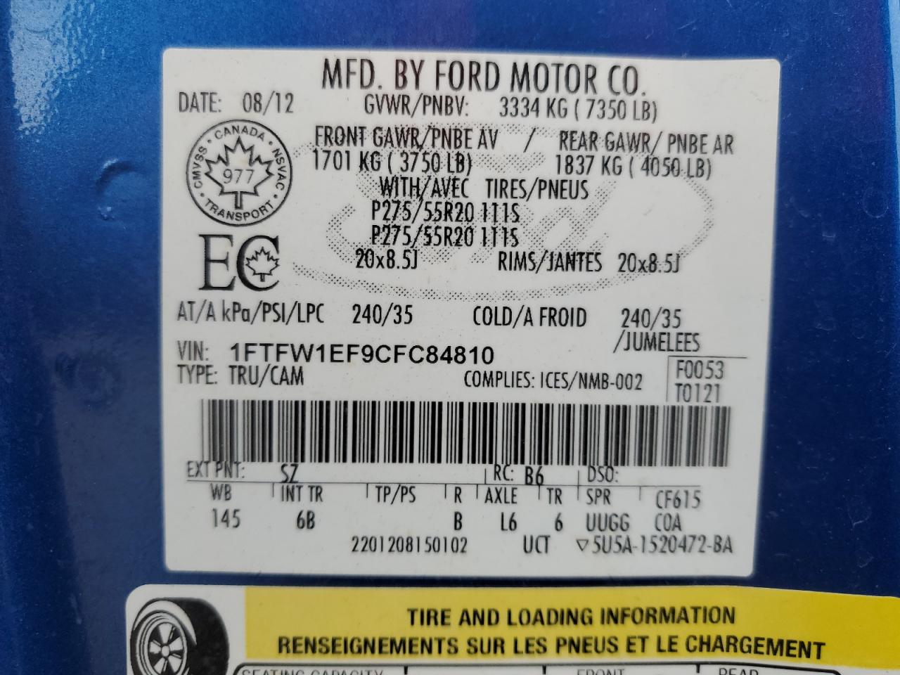 2012 Ford F150 Supercrew VIN: 1FTFW1EF9CFC84810 Lot: 70545745