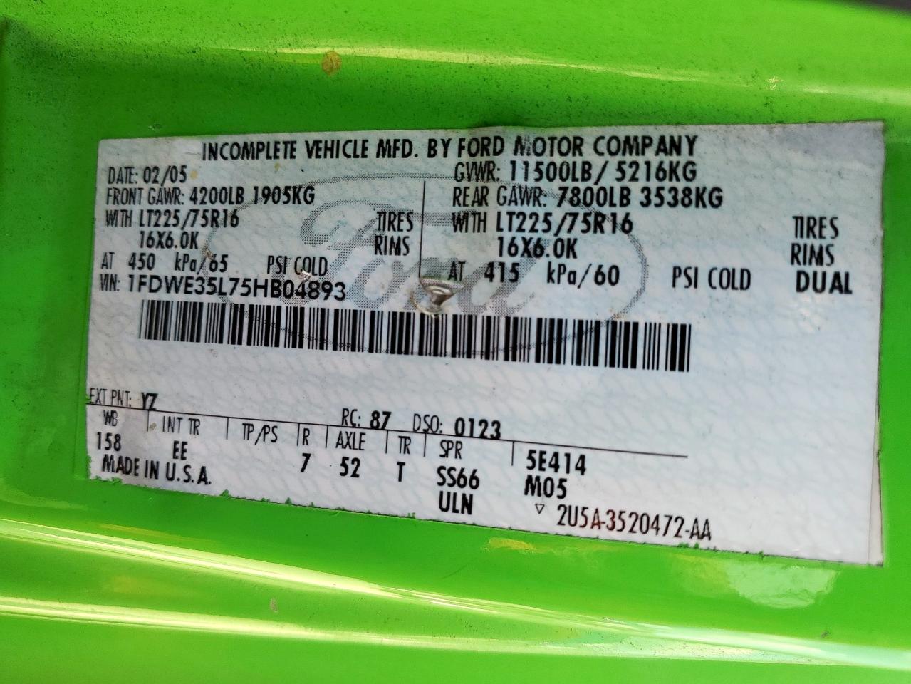 2005 Ford Econoline E350 Super Duty Cutaway Van VIN: 1FDWE35L75HB04893 Lot: 81459945