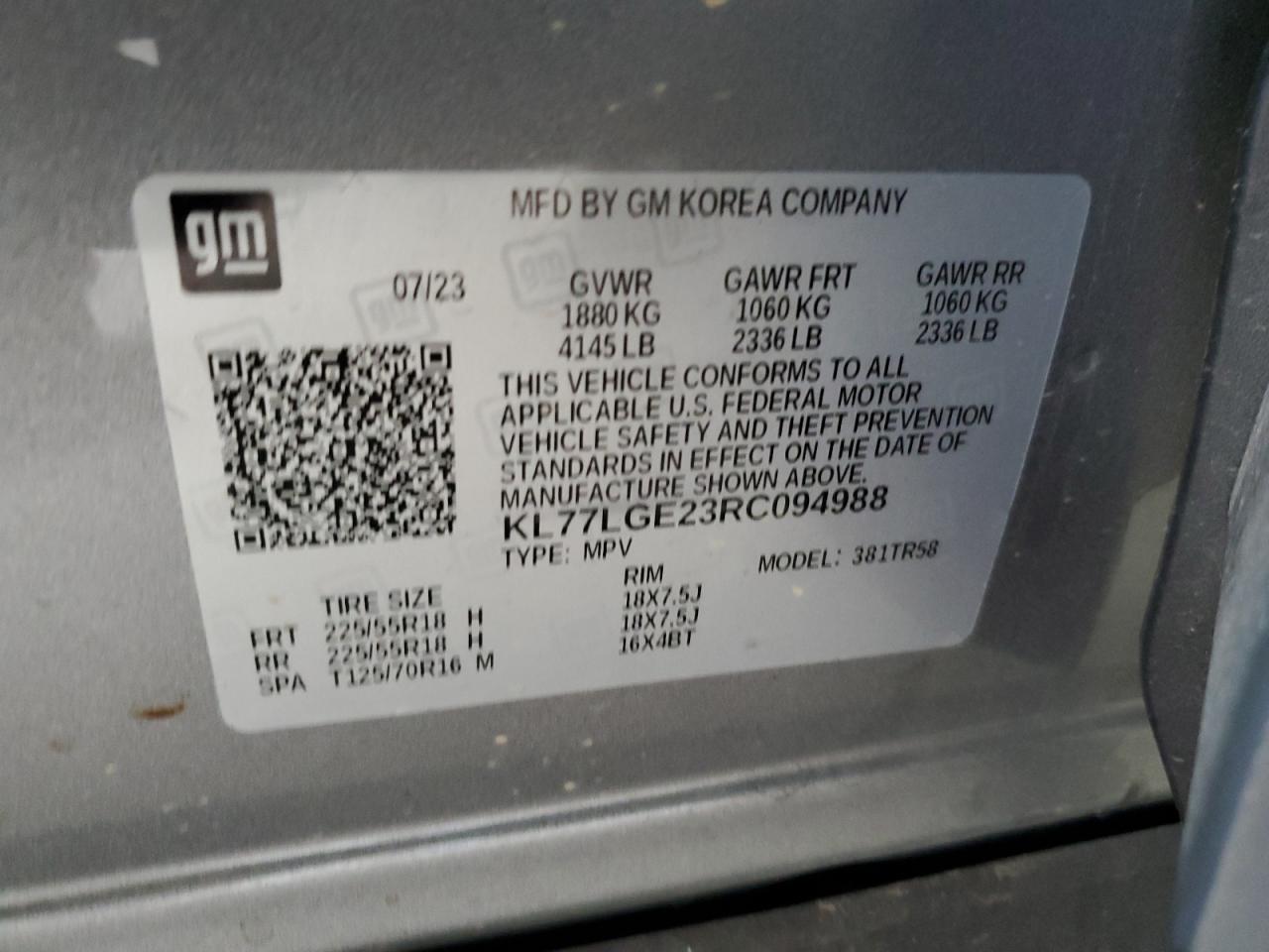 2024 Chevrolet Trax 1Rs VIN: KL77LGE23RC094988 Lot: 81482945