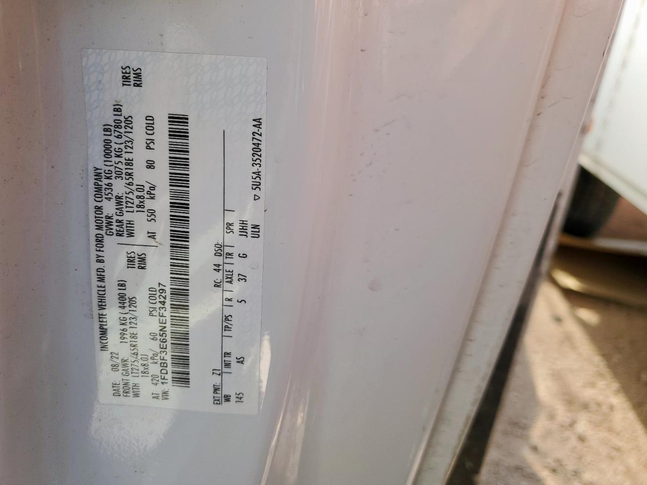 2022 Ford F350 Super Duty VIN: 1FDBF3E65NEF34297 Lot: 81317885