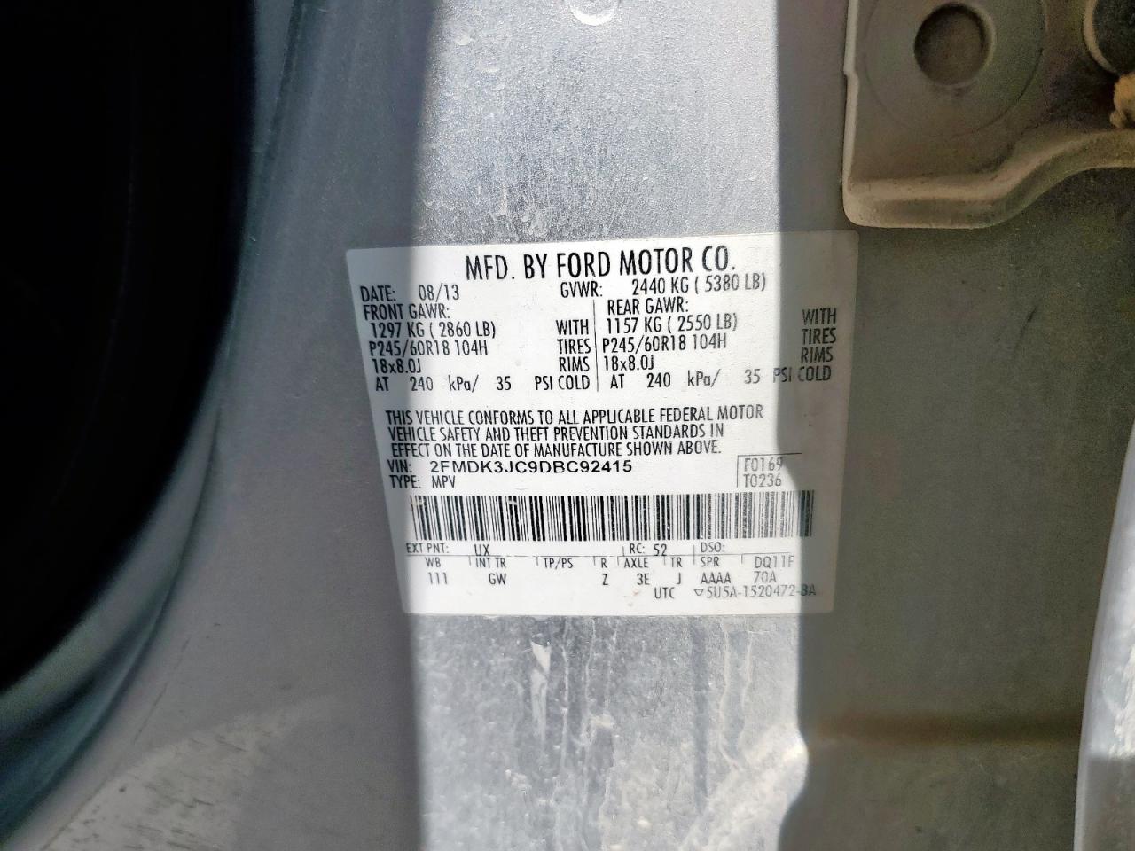 2013 Ford Edge Sel VIN: 2FMDK3JC9DBC92415 Lot: 84184345