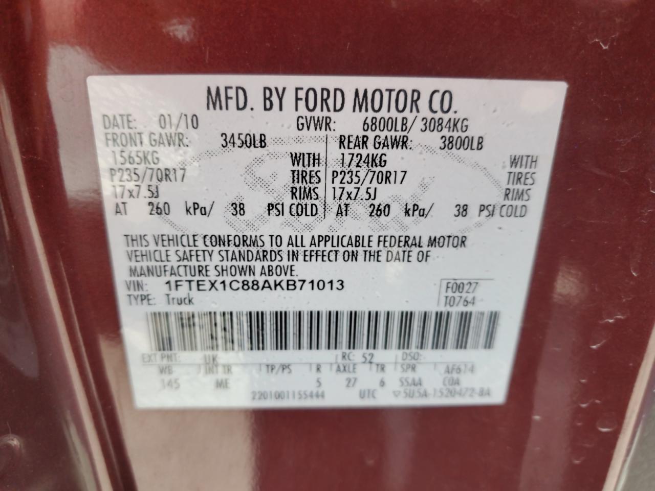 2010 Ford F150 Super Cab VIN: 1FTEX1C88AKB71013 Lot: 72032795