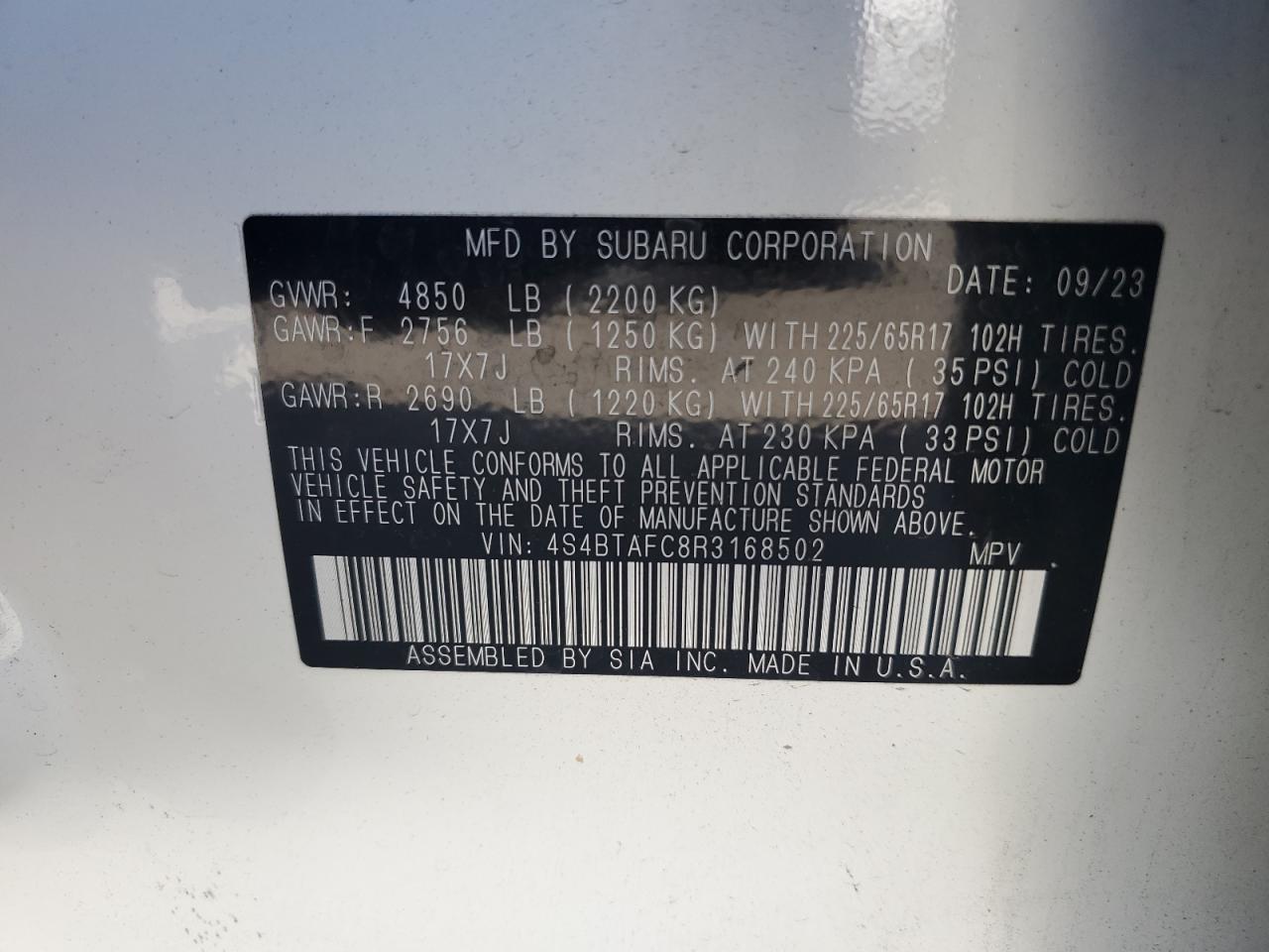 2024 Subaru Outback Premium VIN: 4S4BTAFC8R3168502 Lot: 71500285