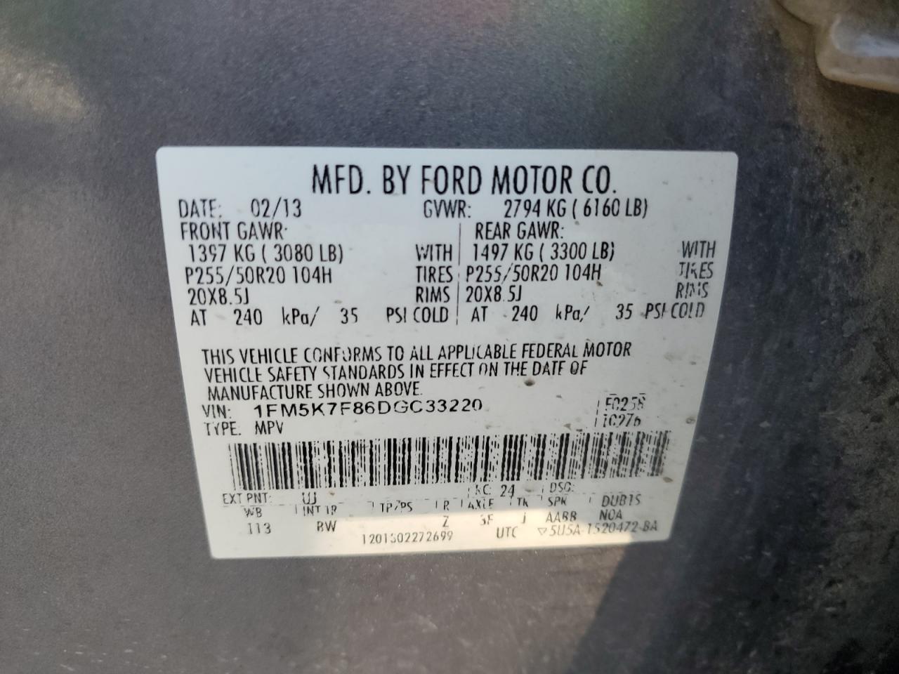 2013 Ford Explorer Limited VIN: 1FM5K7F86DGC33220 Lot: 80573045