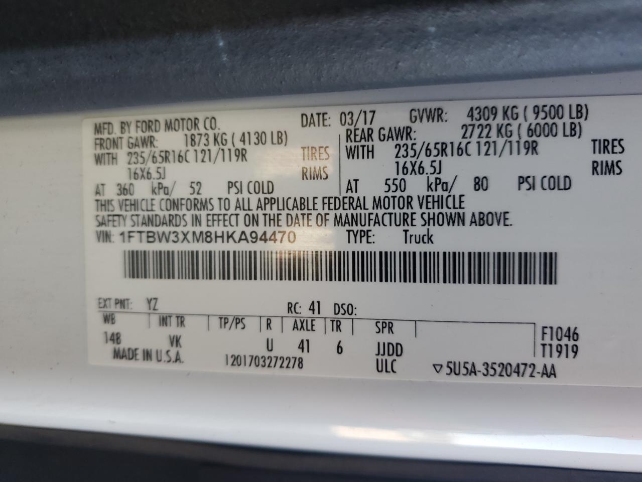 2017 Ford Transit T-350 VIN: 1FTBW3XM8HKA94470 Lot: 71589935