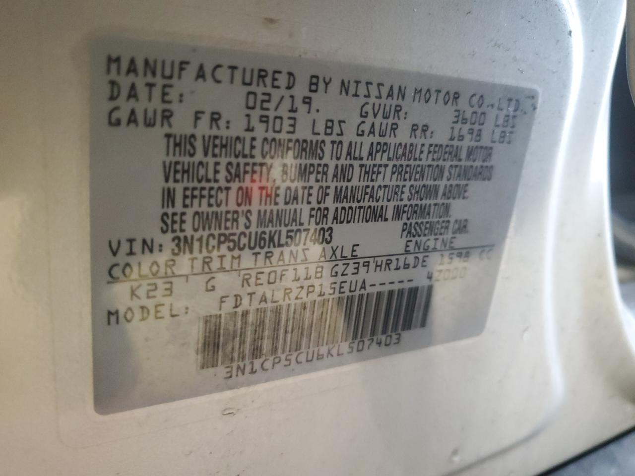 2019 Nissan Kicks S VIN: 3N1CP5CU6KL507403 Lot: 81653805