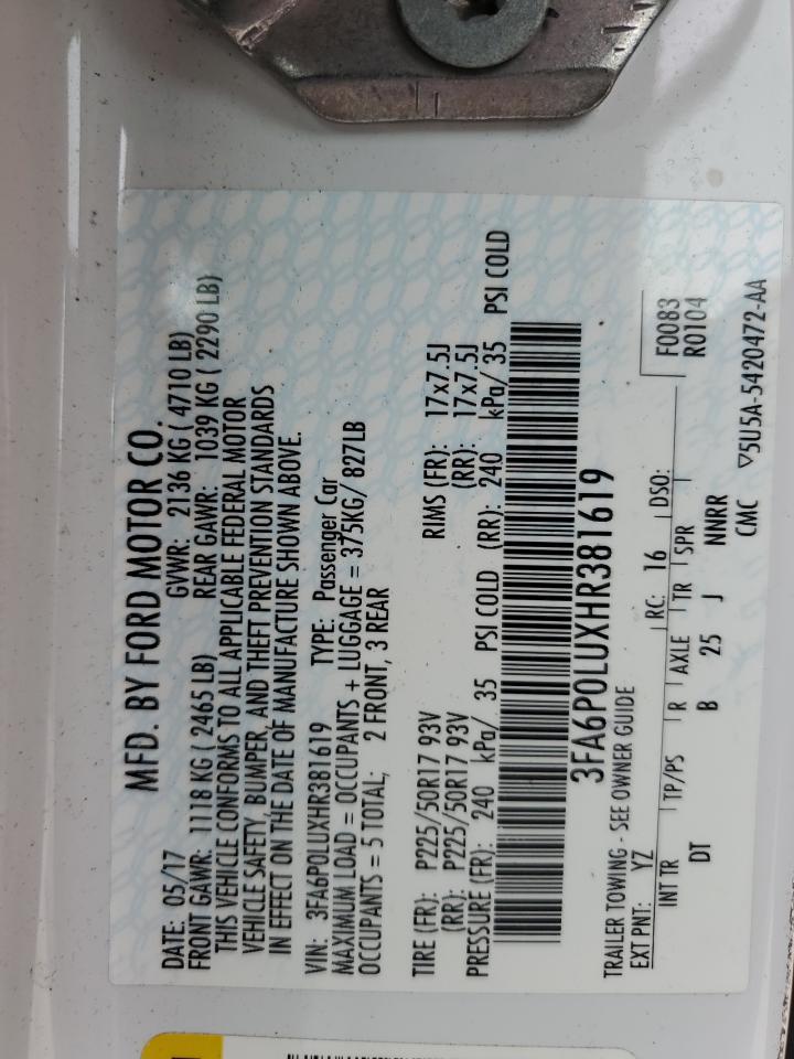 2017 Ford Fusion Se Hybrid VIN: 3FA6P0LUXHR381619 Lot: 83940175