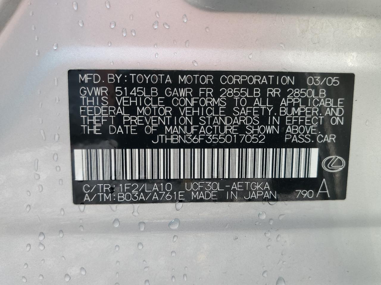 2005 Lexus Ls 430 VIN: JTHBN36F355017052 Lot: 80724655