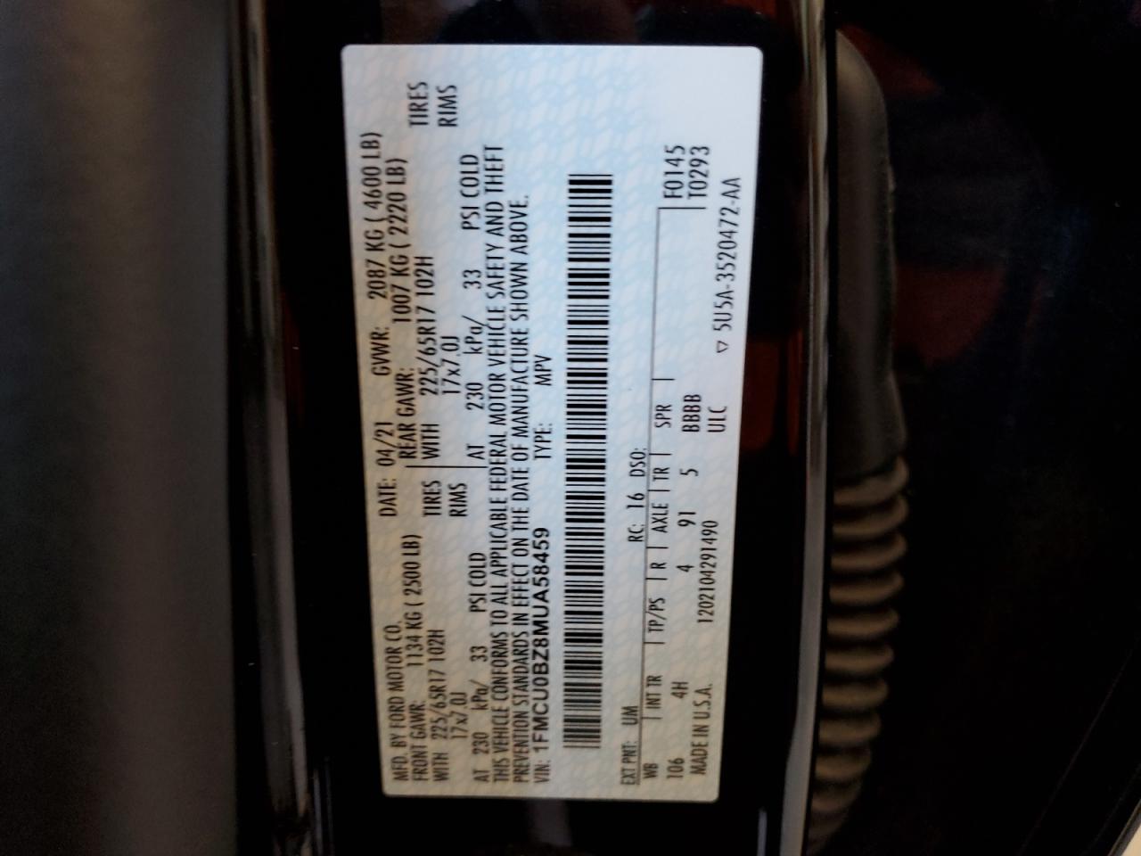 2021 Ford Escape Se VIN: 1FMCU0BZ8MUA58459 Lot: 81072125