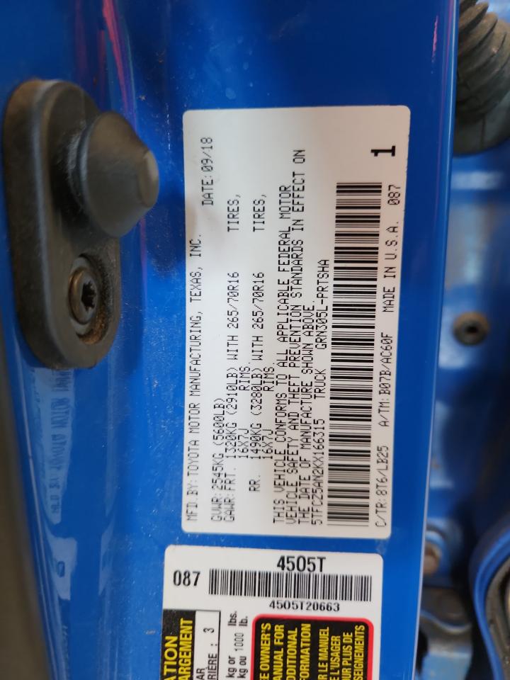 2019 Toyota Tacoma Double Cab VIN: 5TFCZ5AN2KX166315 Lot: 80223365