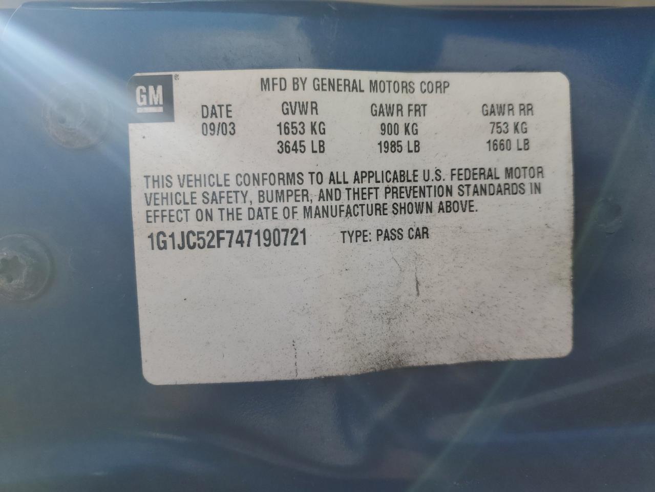 2004 Chevrolet Cavalier VIN: 1G1JC52F747190721 Lot: 71737895