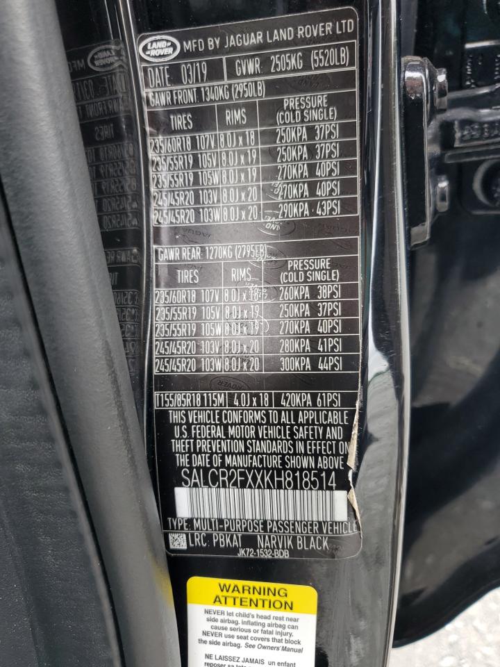 2019 Land Rover Discovery Sport Hse VIN: SALCR2FXXKH818514 Lot: 84421405