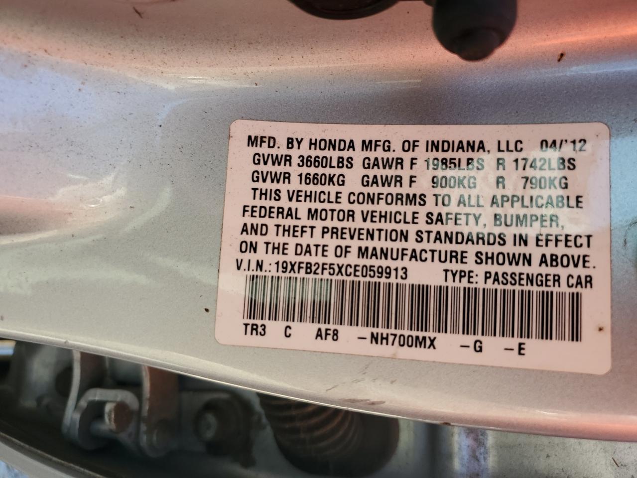 2012 Honda Civic Lx VIN: 19XFB2F5XCE059913 Lot: 72039735