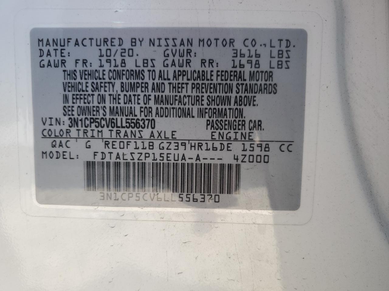 2020 Nissan Kicks Sv VIN: 3N1CP5CV6LL556370 Lot: 80368645