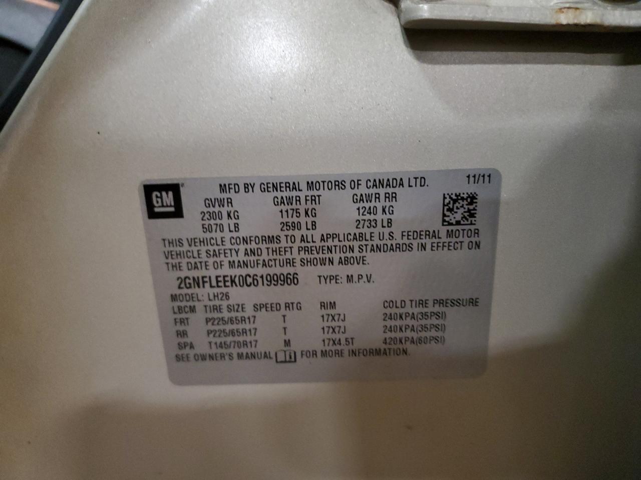 2012 Chevrolet Equinox Lt VIN: 2GNFLEEK0C6199966 Lot: 81566985