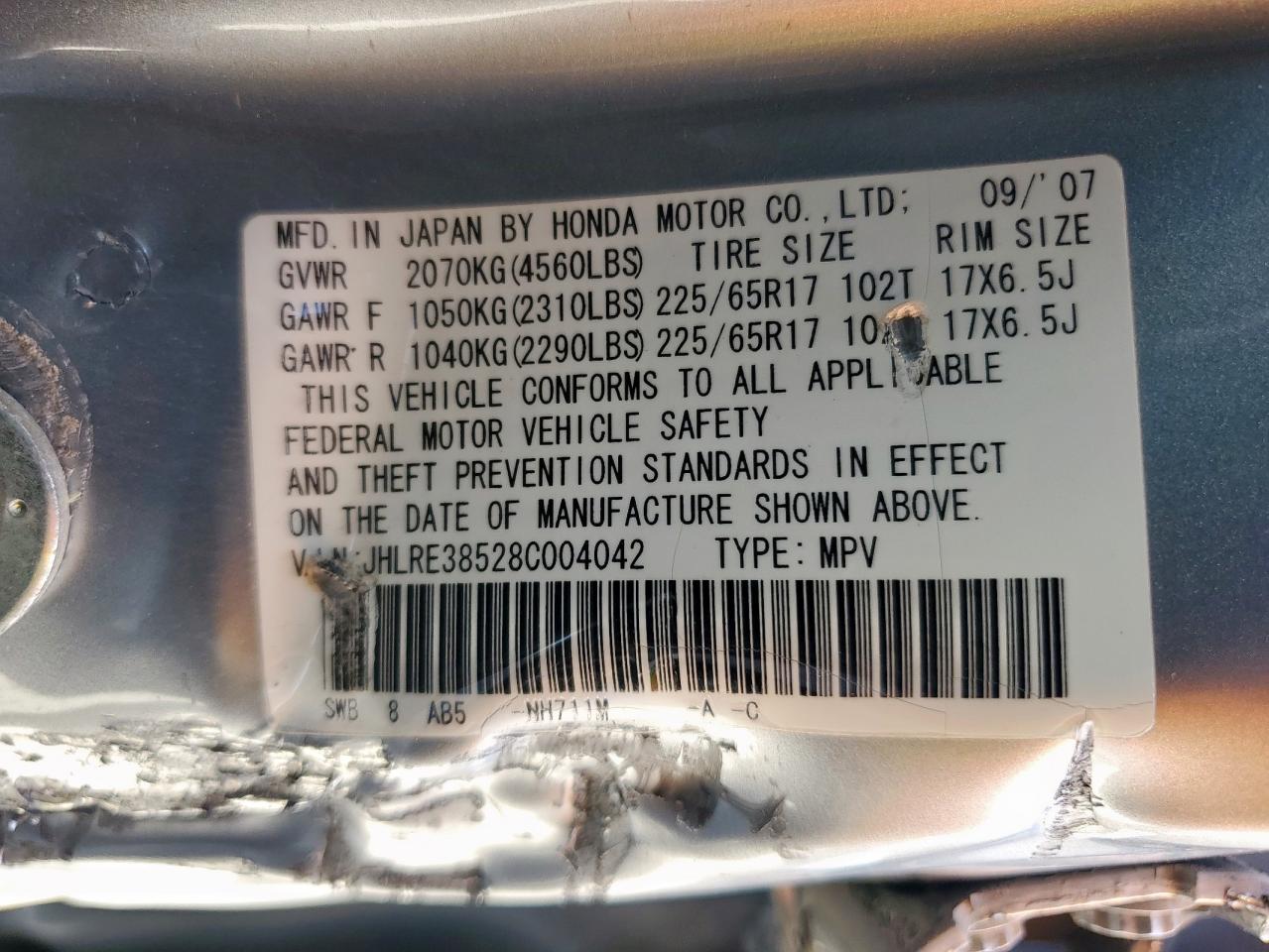 2008 Honda Cr-V Ex VIN: JHLRE38528C004042 Lot: 84287165