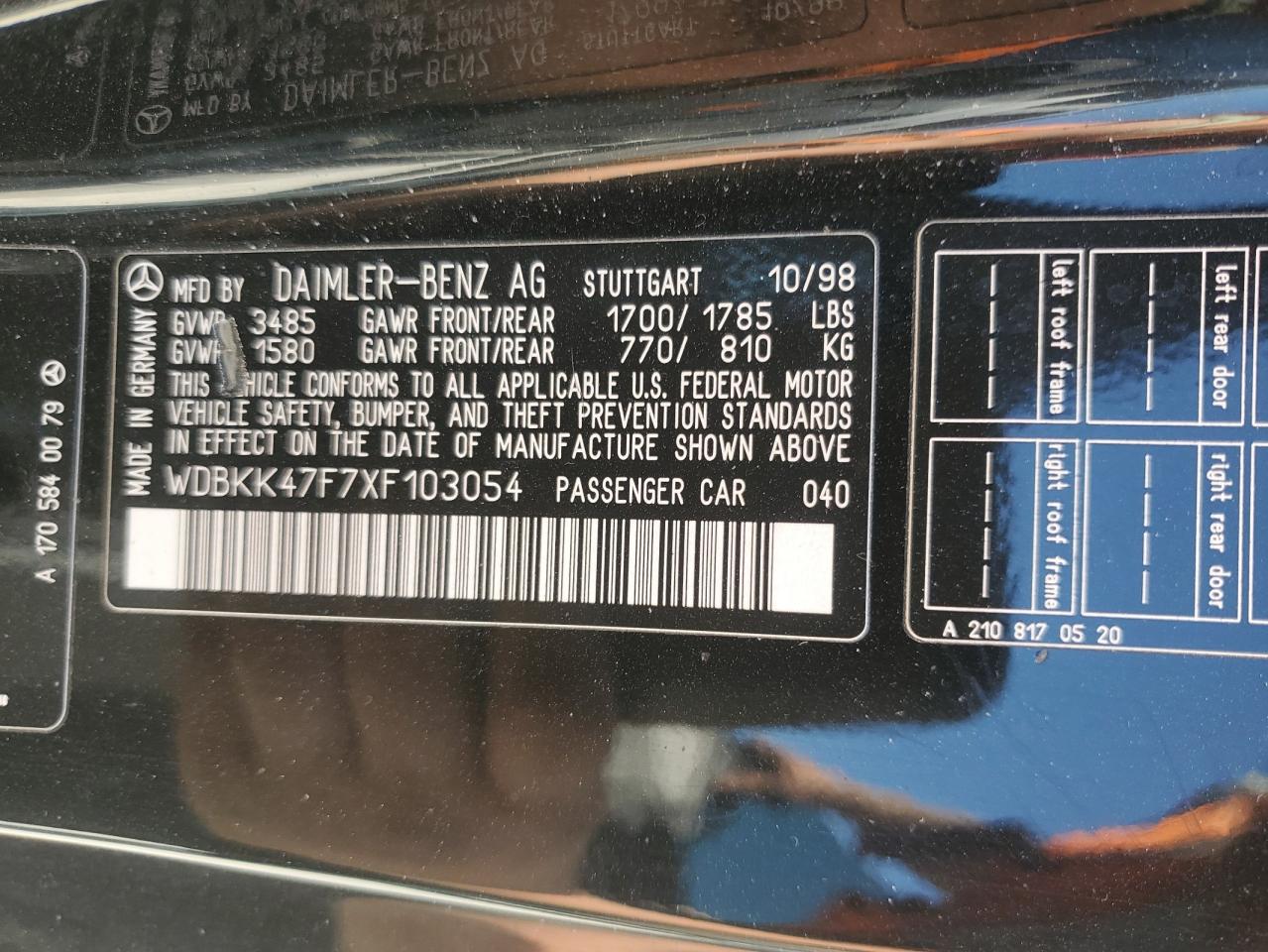 1999 Mercedes-Benz Slk 230 Kompressor VIN: WDBKK47F7XF103054 Lot: 81479705