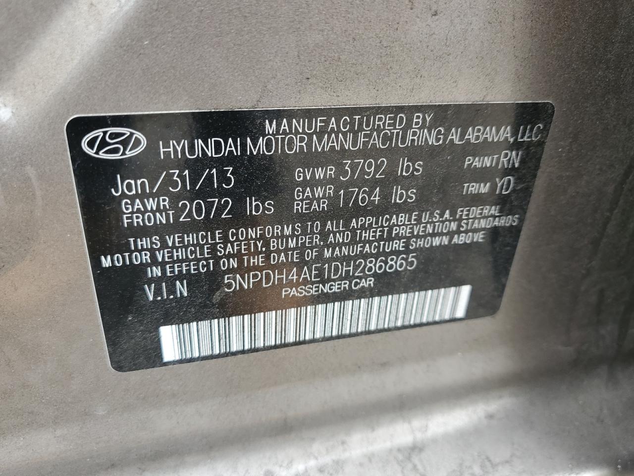 2013 Hyundai Elantra Gls VIN: 5NPDH4AE1DH286865 Lot: 81378025