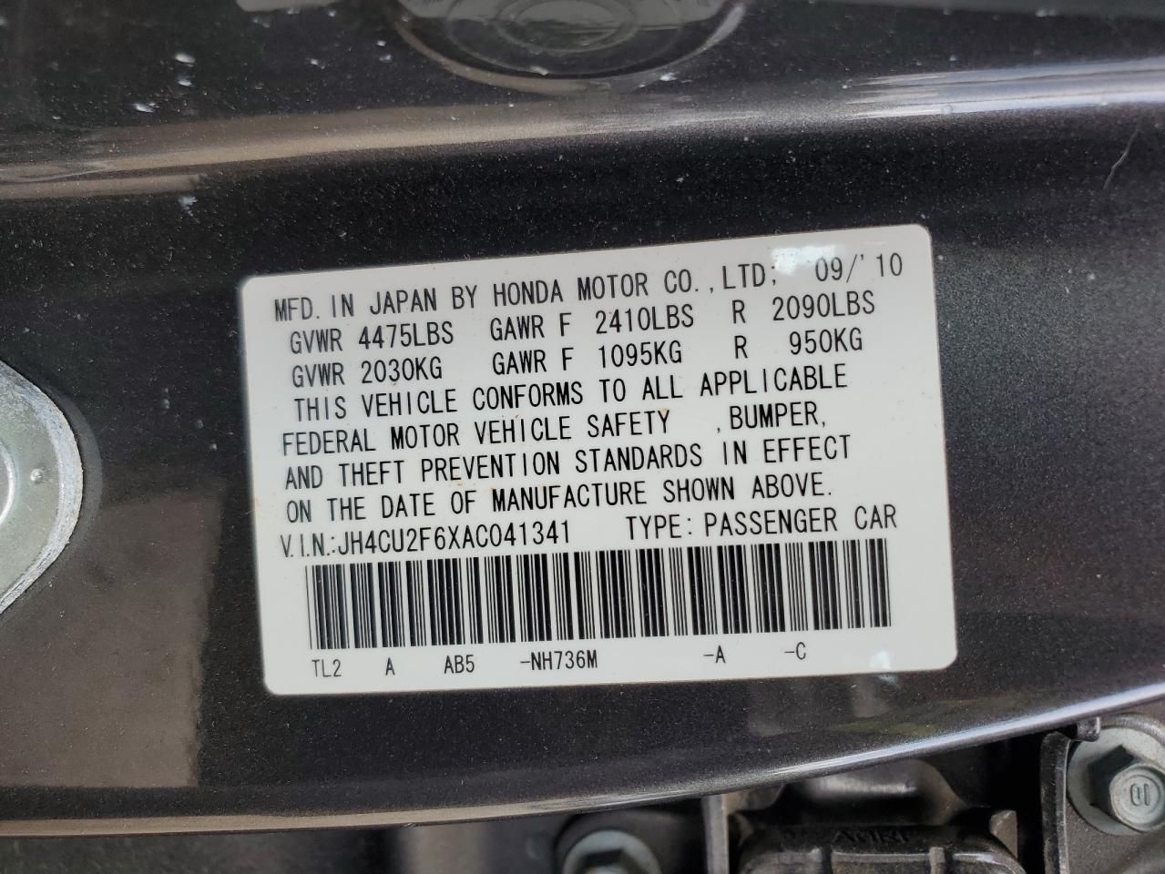 2010 Acura Tsx VIN: JH4CU2F6XAC041341 Lot: 81282675