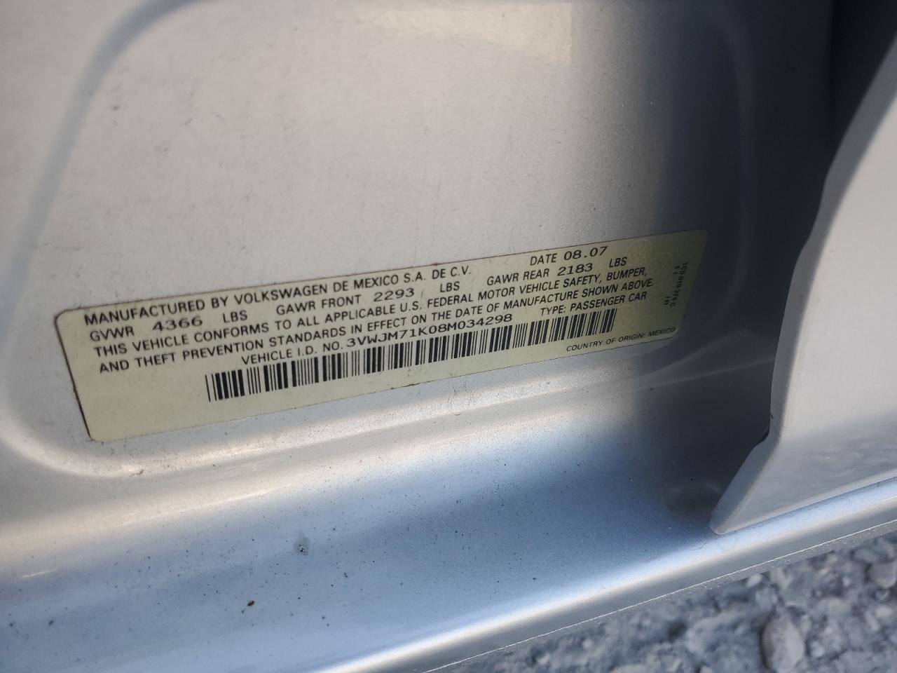 2008 Volkswagen Jetta S VIN: 3VWJM71K08M034298 Lot: 81386325