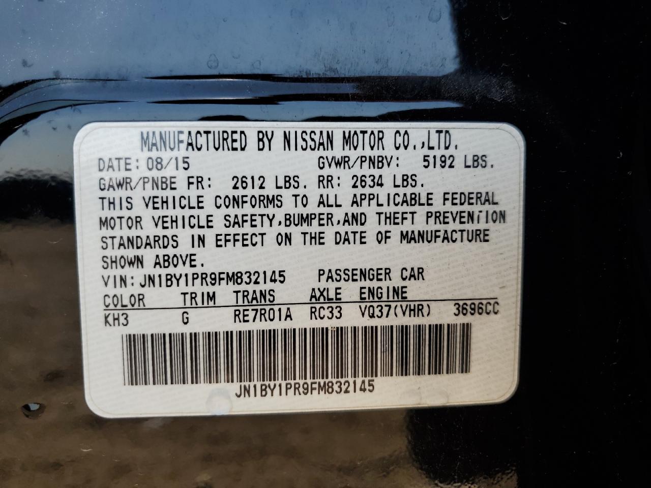 2015 Infiniti Q70L 3.7 VIN: JN1BY1PR9FM832145 Lot: 80178625