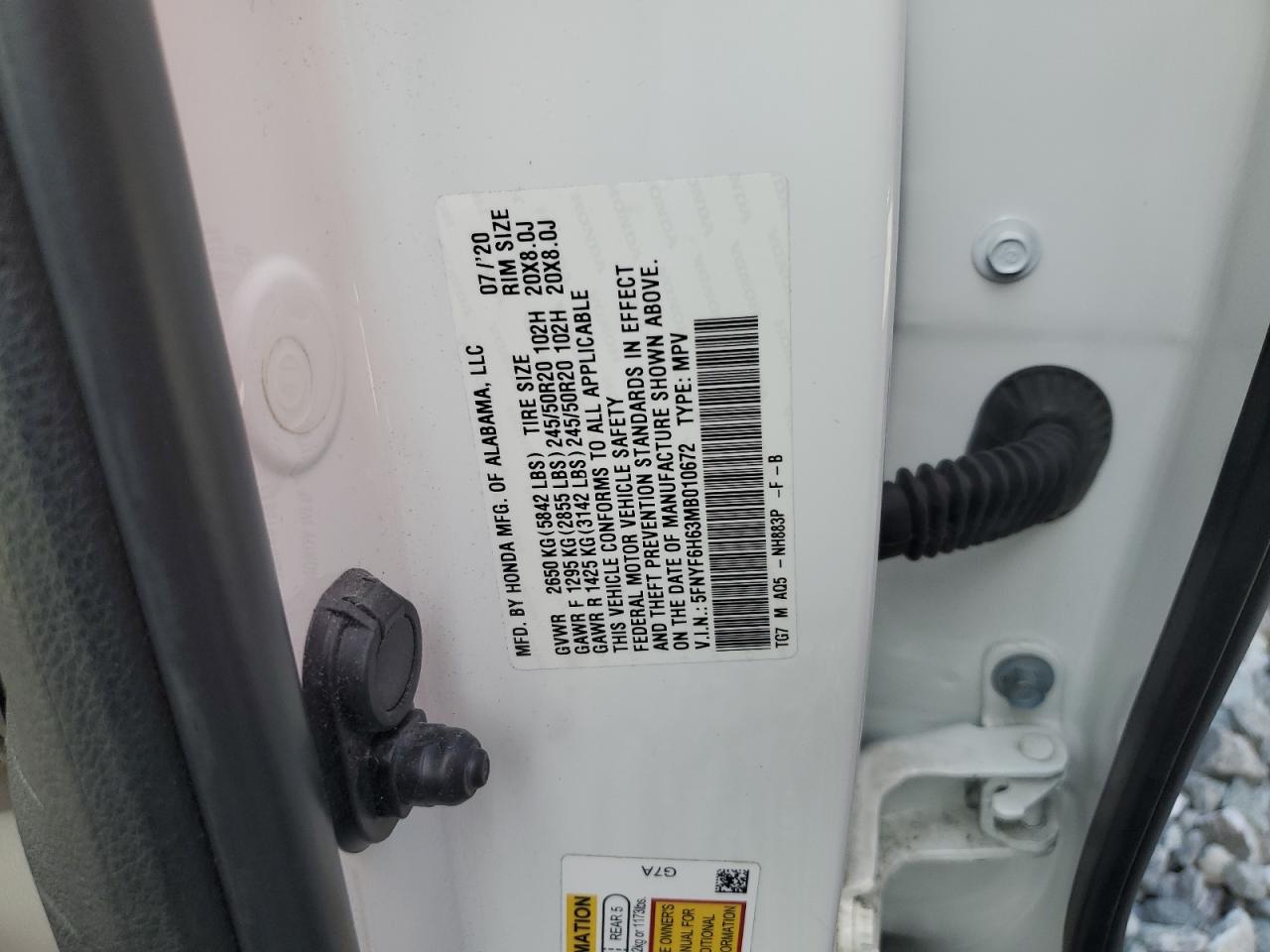 2021 Honda Pilot Touring VIN: 5FNYF6H63MB010672 Lot: 71521985