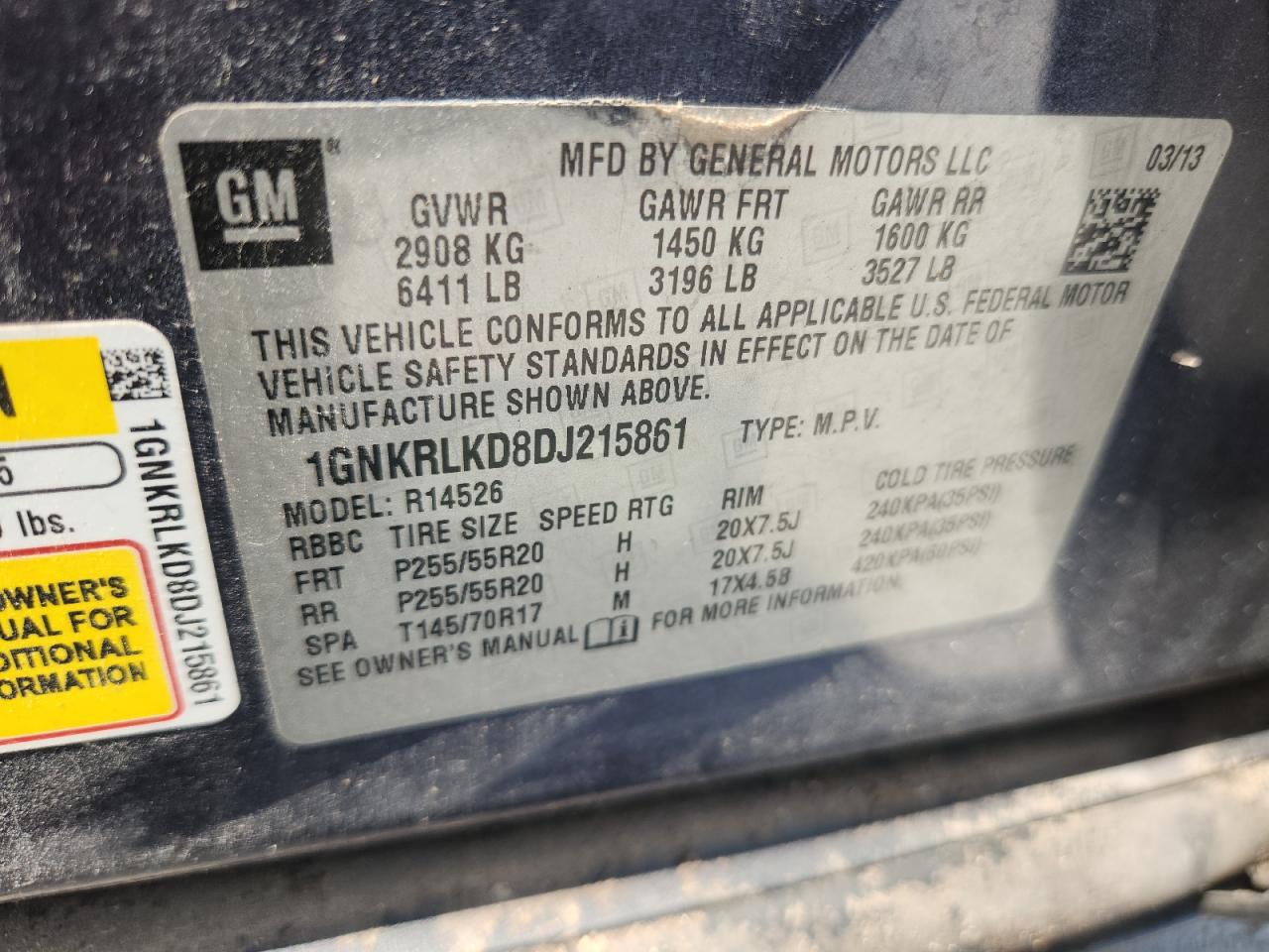 2013 Chevrolet Traverse Ltz VIN: 1GNKRLKD8DJ215861 Lot: 71684015