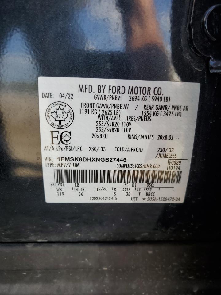 2022 Ford Explorer Xlt VIN: 1FMSK8DHXNGB27446 Lot: 80099105