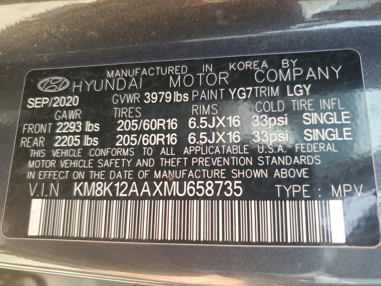 2021 Hyundai Kona Se VIN: KM8K12AAXMU658735 Lot: 69924725
