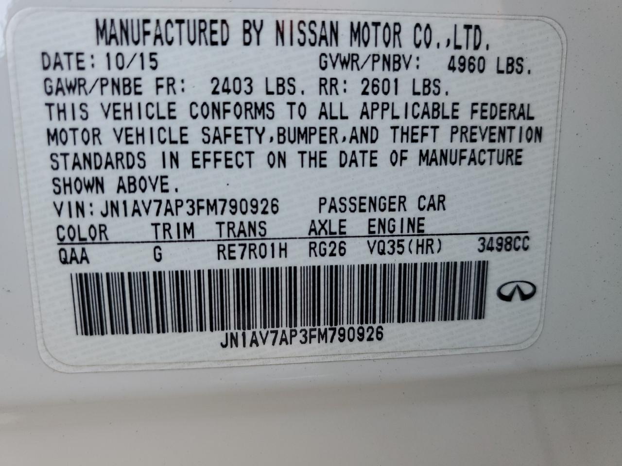 2015 Infiniti Q50 Hybrid Premium VIN: JN1AV7AP3FM790926 Lot: 71755095