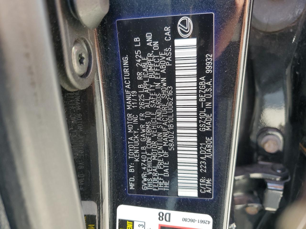 2020 Lexus Es 350 VIN: 58ADZ1B10LU062163 Lot: 82127865