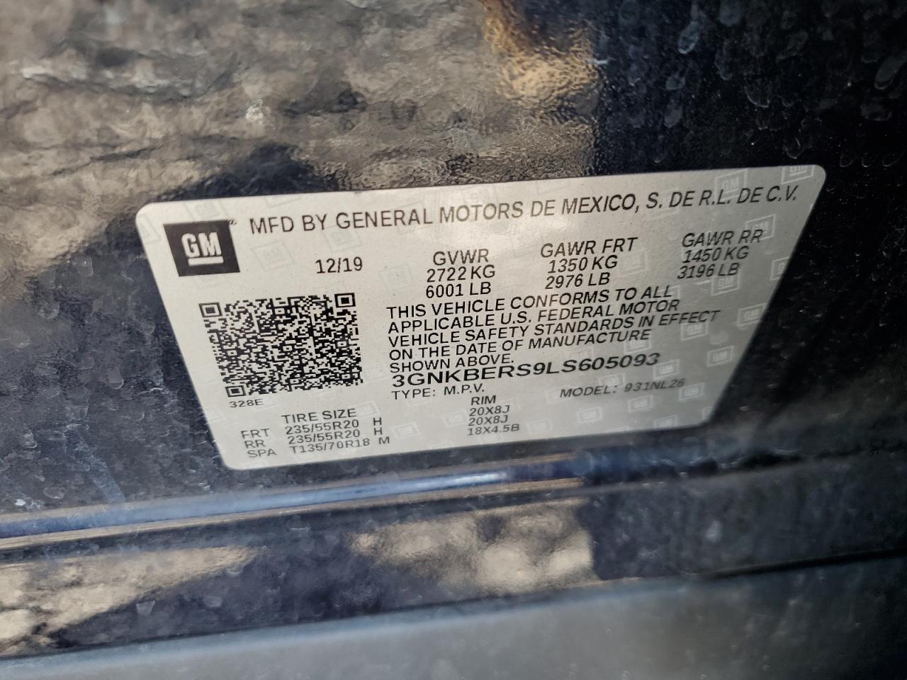 2020 Chevrolet Blazer Rs VIN: 3GNKBERS9LS605093 Lot: 81707085