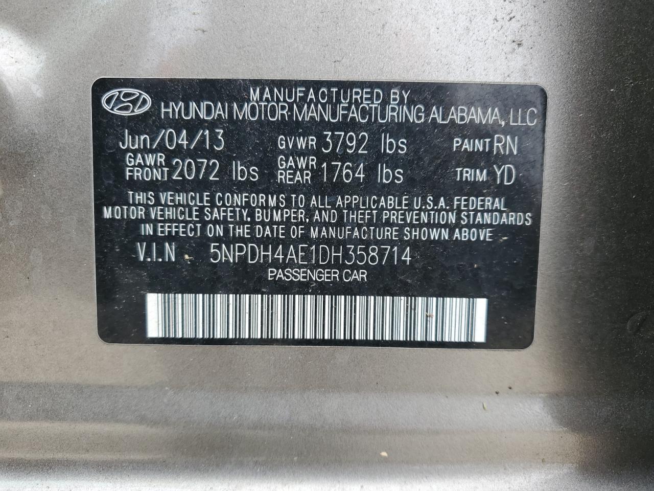 2013 Hyundai Elantra Gls VIN: 5NPDH4AE1DH358714 Lot: 84711055