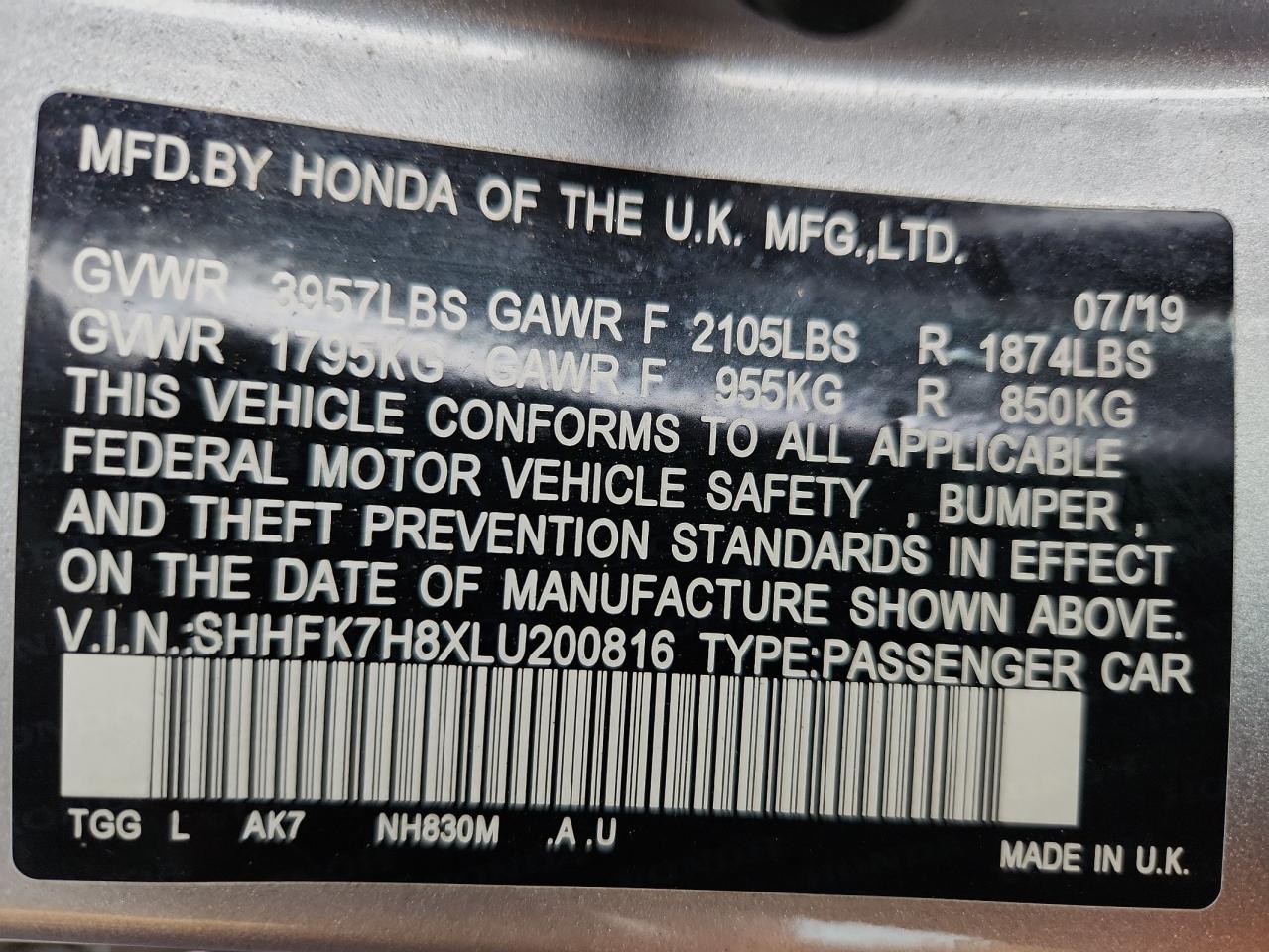 2020 Honda Civic Exl VIN: SHHFK7H8XLU200816 Lot: 71610915