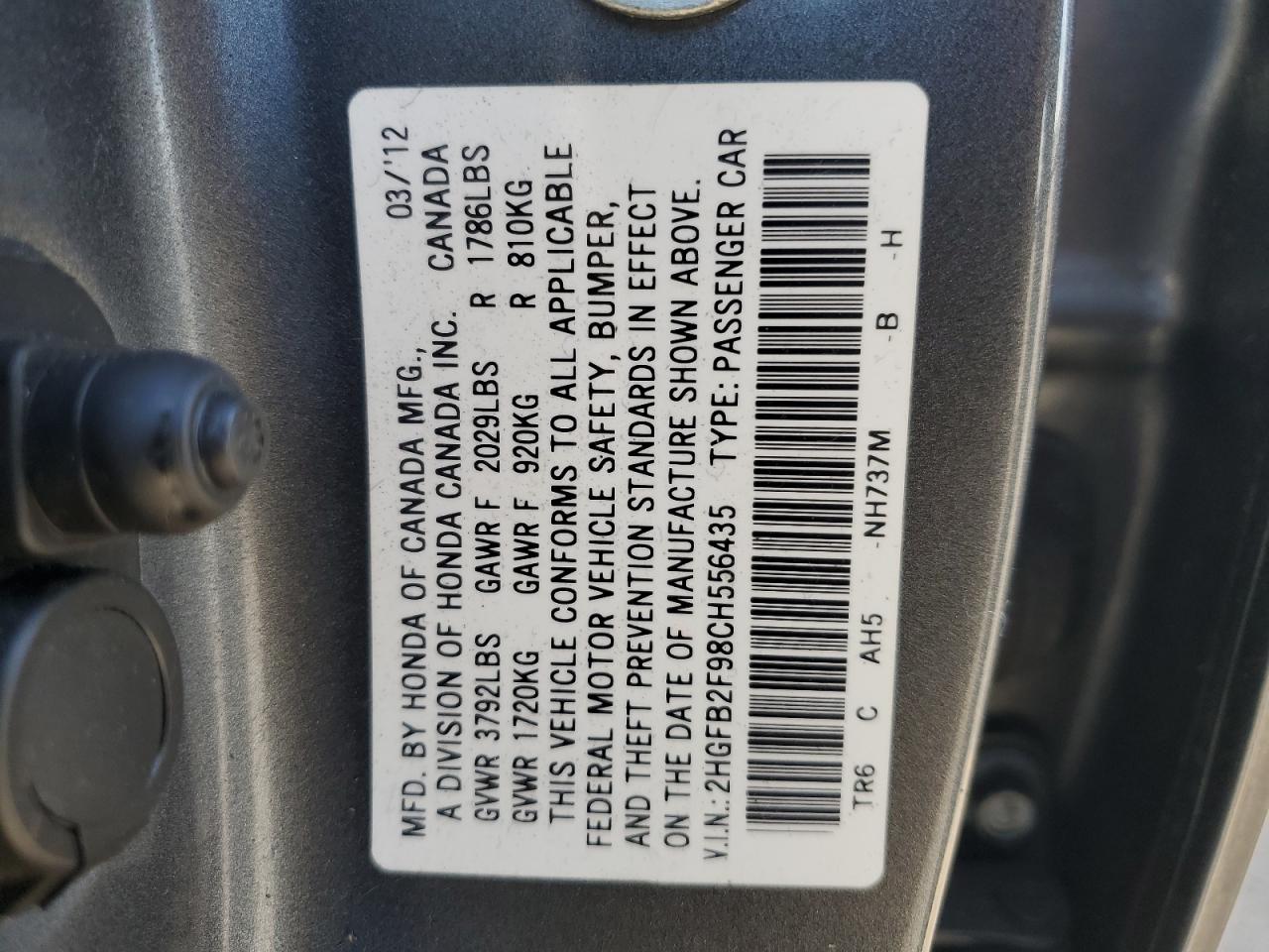 2012 Honda Civic Exl VIN: 2HGFB2F98CH556435 Lot: 82137475