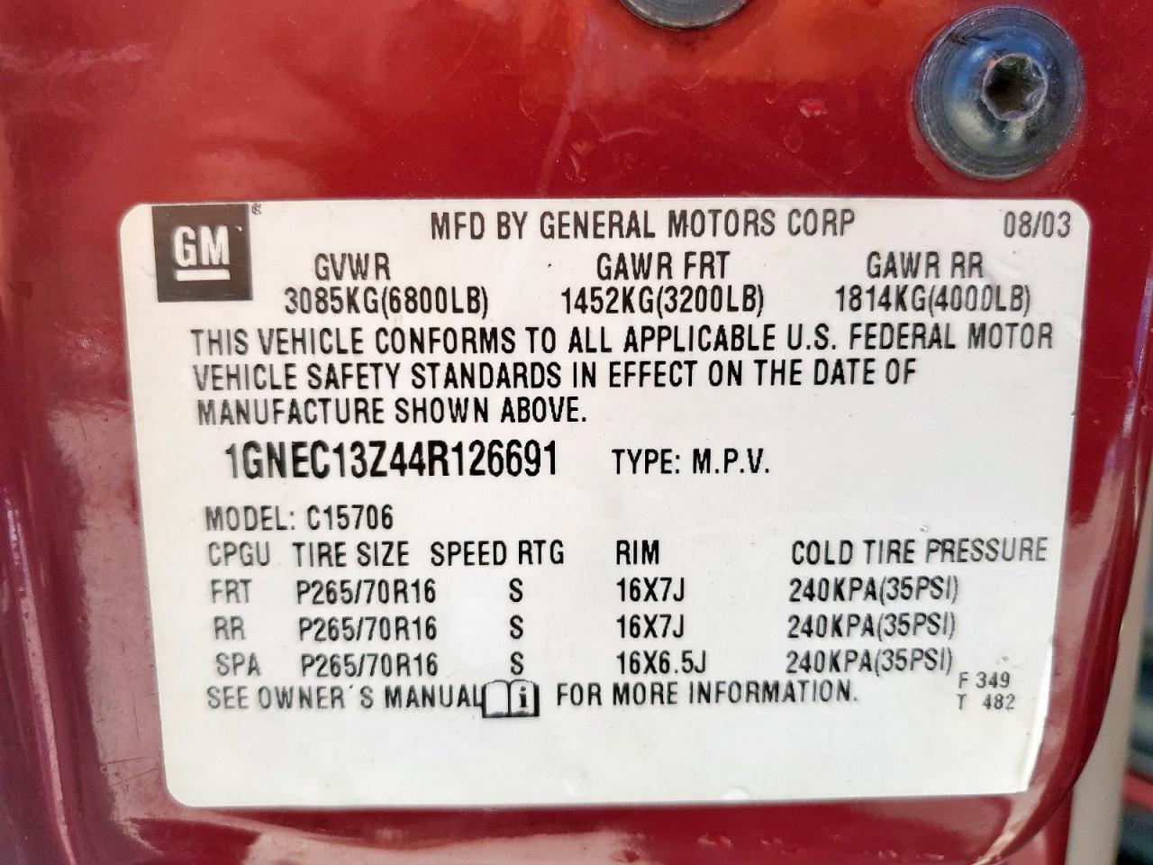 2004 Chevrolet Tahoe C1500 VIN: 1GNEC13Z44R126691 Lot: 84204435