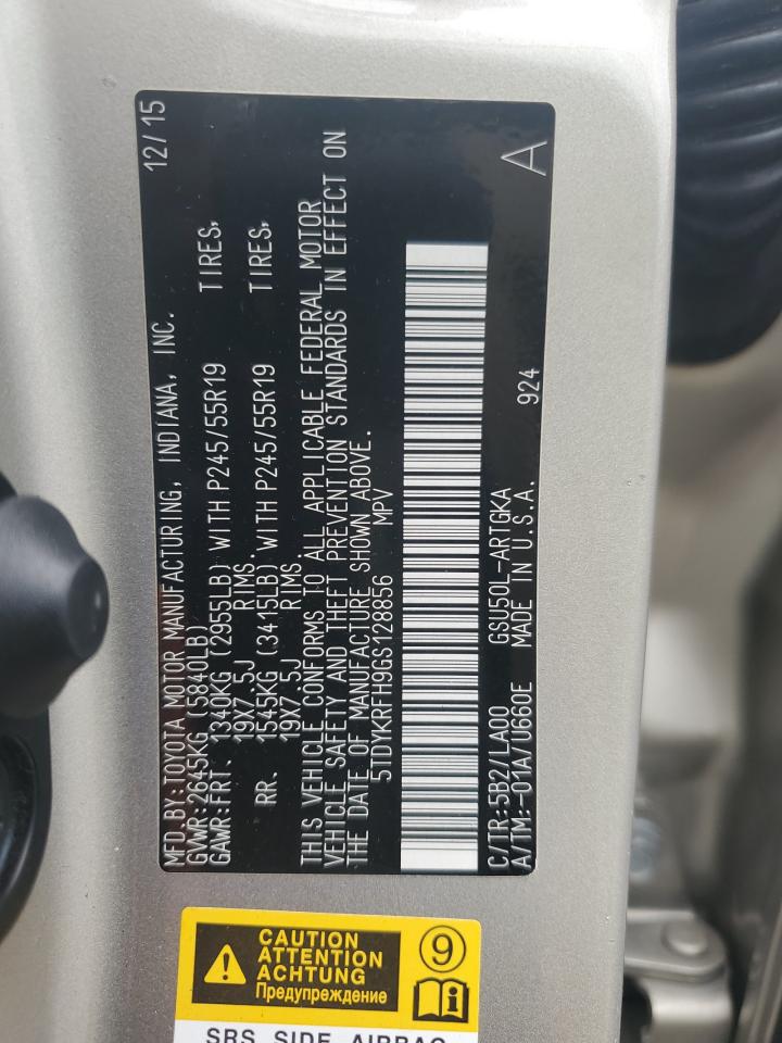 2016 Toyota Highlander Limited VIN: 5TDYKRFH9GS128856 Lot: 81834325