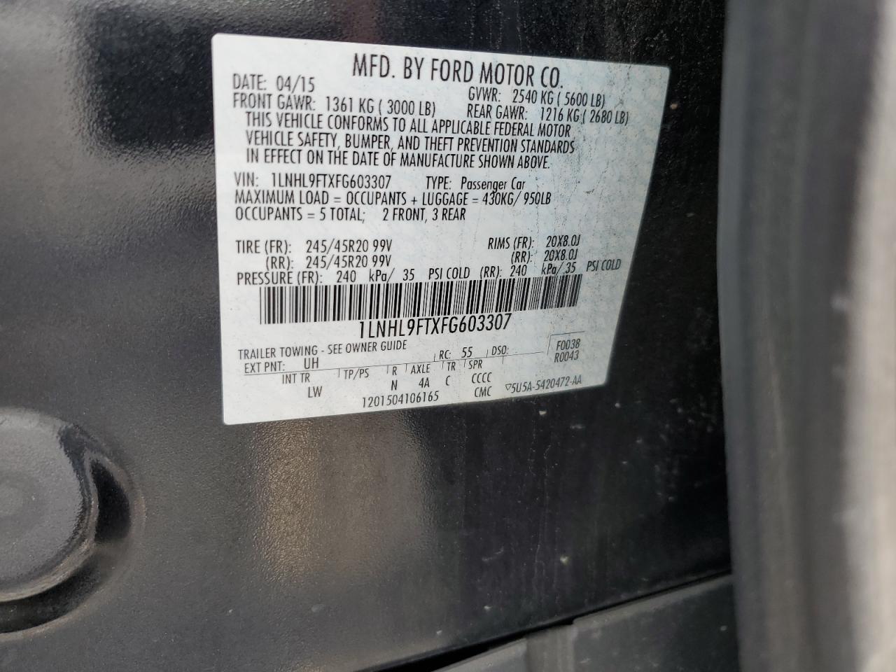2015 Lincoln Mks VIN: 1LNHL9FTXFG603307 Lot: 81883885