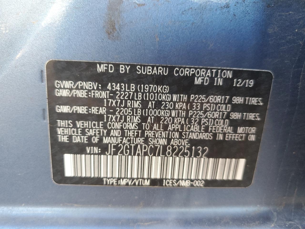 2020 Subaru Crosstrek Premium VIN: JF2GTAPC7L8225132 Lot: 84221235