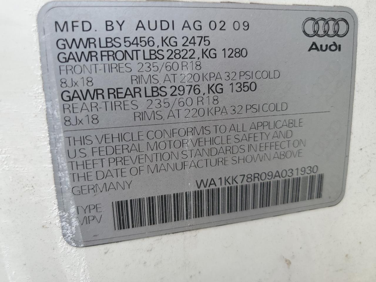 2009 Audi Q5 3.2 VIN: WA1KK78R09A031930 Lot: 71921415