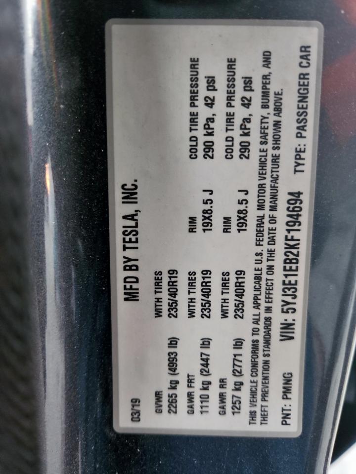 2019 Tesla Model 3 VIN: 5YJ3E1EB2KF194694 Lot: 81819135