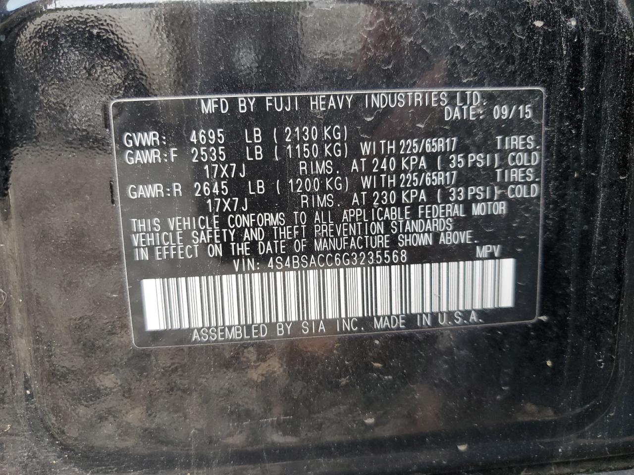 2016 Subaru Outback 2.5I Premium VIN: 4S4BSACC6G3235568 Lot: 71850245