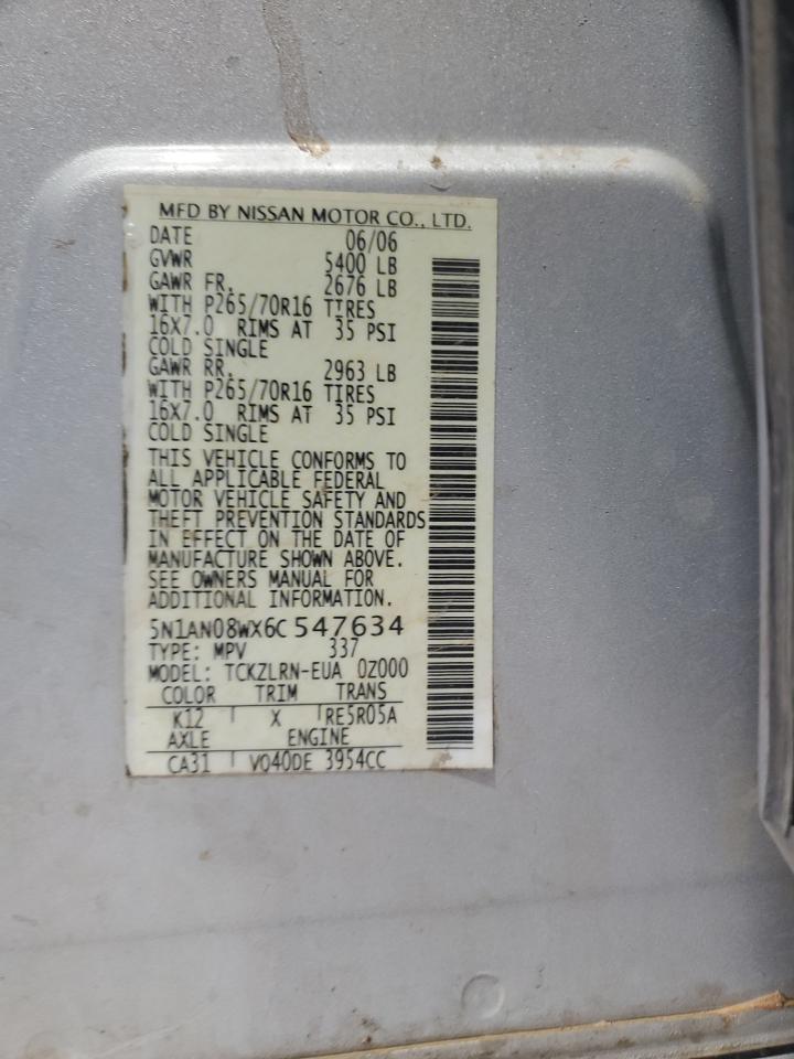 2006 Nissan Xterra Off Road VIN: 5N1AN08WX6C547634 Lot: 80584405