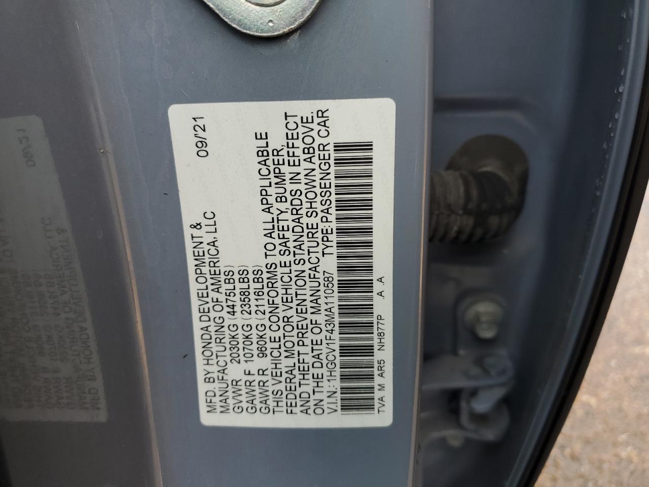 2021 Honda Accord Sport Se VIN: 1HGCV1F43MA110587 Lot: 71203905